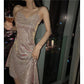 Female V-neck Open Back Sleeveless Glittering Irregular Ruffle Suspender Graceful Party Dress