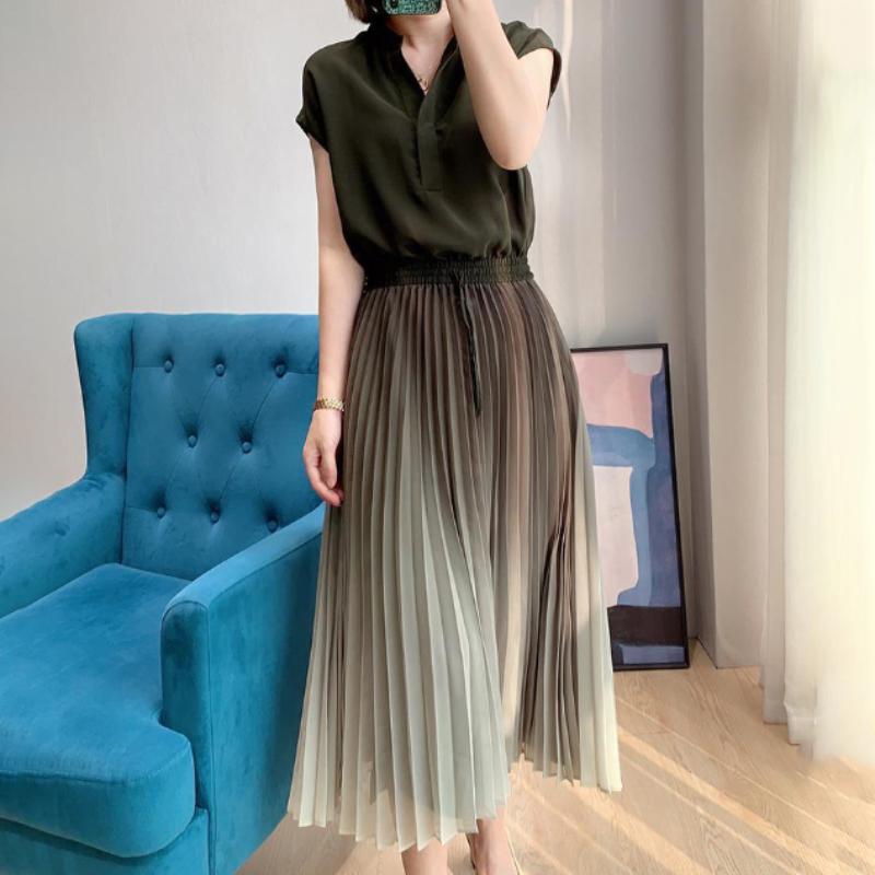 2021 Summer New Women's Pleated Skirt Temperament Dress Chiffon Long Skirt Slim Slimming Women's Large Size