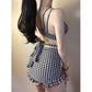 Sexy Plaid High Waist Swimsuit Women's Separate Swimsuit Bikini Sling Cross Bow Tie Bandage Cover Belly Ruffle Shorts Summer Beach Suit