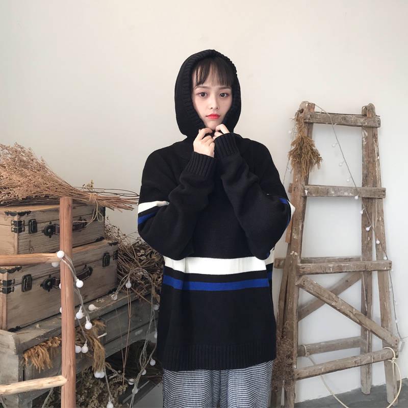 Pofulove Autumn Winter ins Hooded Sweater Schoolgirl Loose Harajuku bf Lazy Knit Pullover Top