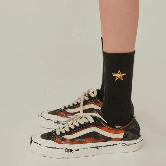 Two Pairs of Women's Stockings Five-pointed Star Embroidery All-match Fashion Sports Cotton Street Stockings