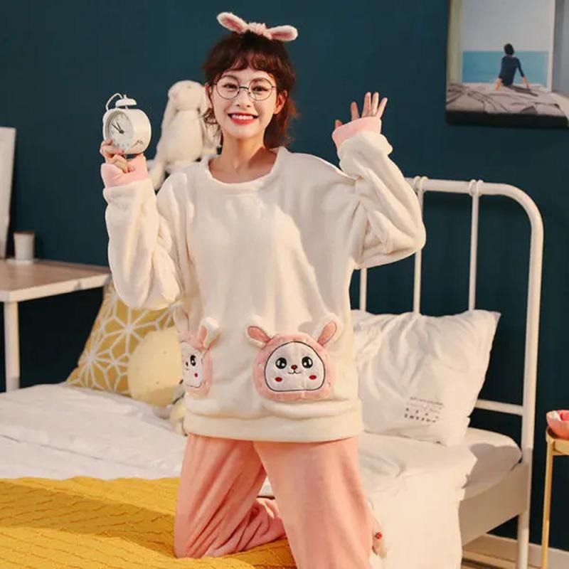 Winter Plus Velvet Coral Fleece Pajamas Set for Women Cartoon Printing Thick Plush Flannel Home Wear Warm Suit Loose Comfortable Sleeping Suit