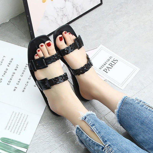 Slippers Ladies Summer Fashion Outer Wear Plastic Sandals and Slippers Flat Chain Slippers Square Toe Net Red Shoes