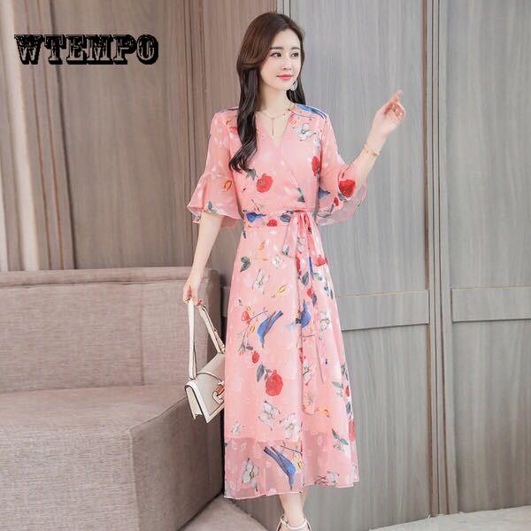 WTEMPO 2019 Boho Women V-neck Floral Print Party Dress Summer Ruffle Sleeveless Long Dress Sexy