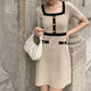 Female Vintage Knitted Short Sleeve Party Dress Slim Elegant Square High Waist Button Holiday Dress