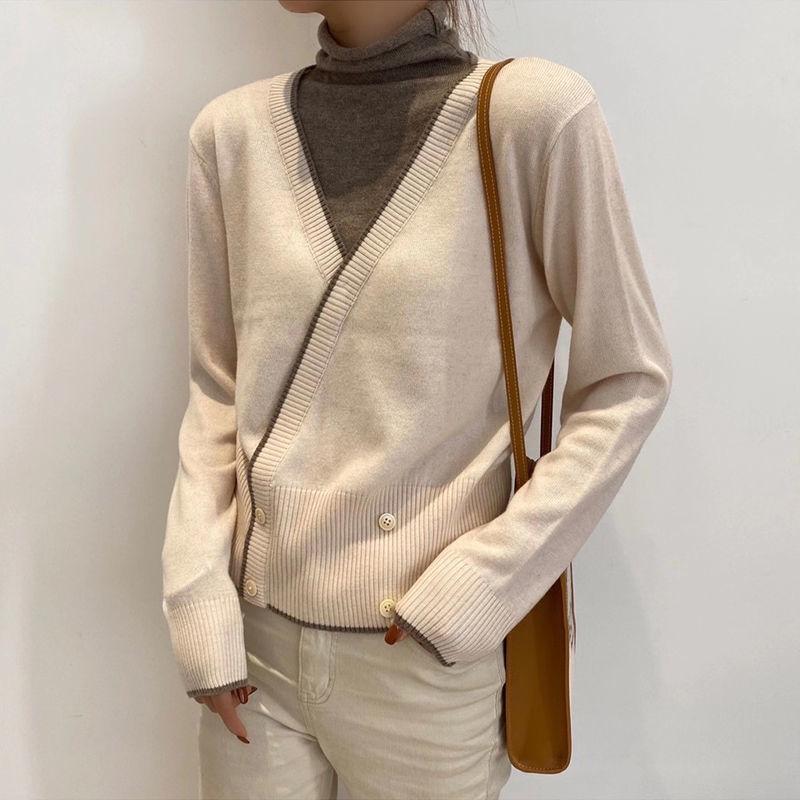 Color-blocking Turtleneck Sweater Women Autumn and Winter Piled Pile Collar Loose Wild Western Fake Two-piece Knitted Bottoming Shirt