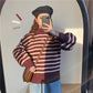Pofulove 2 Colors High-Collar Over Size Sweet Hit Color Striped Girly Lantern Cuffs Pullover Sweater