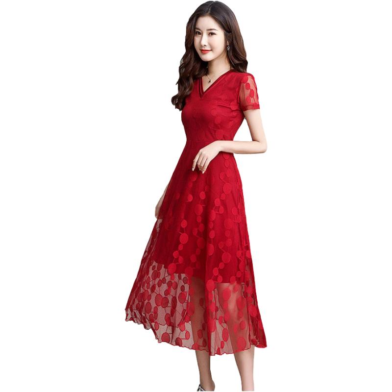 Lace Dress Female Summer Korean Version of Short-sleeved Net Yarn Floral Polka Dot Thin and Belly Long Skirt