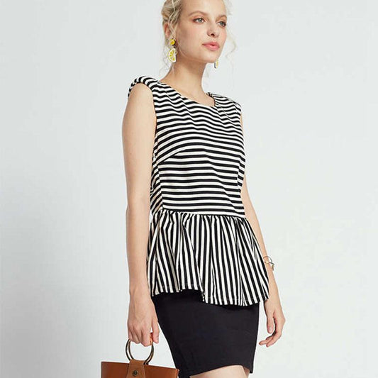 Fashion Summe Strip Stitching Pleated Stripe Slim Sleeveless Fake Two-piece Dress Package Hip Dress