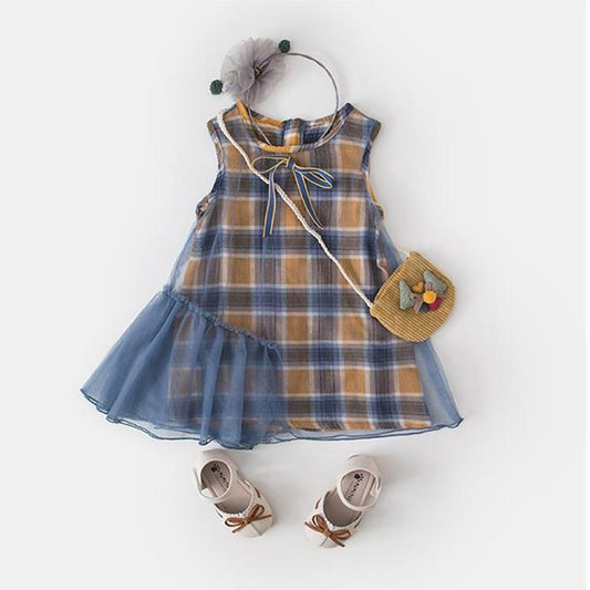 Children Dress Girls Summer Thin Dresses Plaid Sleeveless Bowknot Princess Dress Irregular Mesh Dress Vest Dress