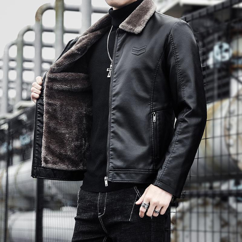 Young and Middle-aged Men's Leather Jacket Winter Fashion Fur One Leather Jacket Plus Velvet Thickening Warm Lapel Men's Leather Jacket