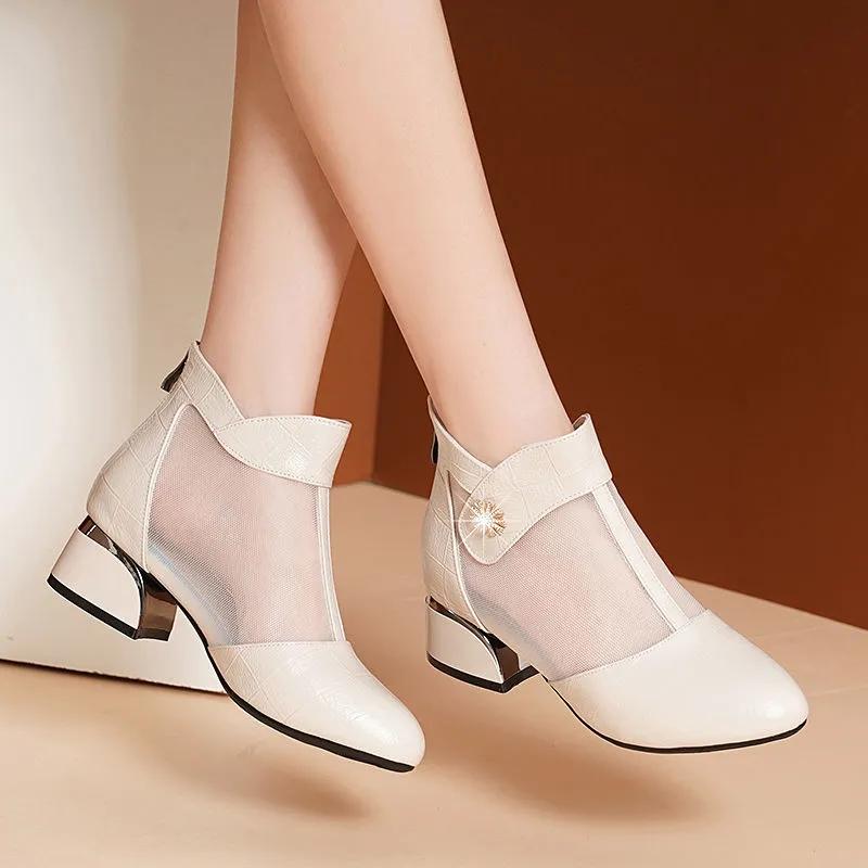 Women's Spring and Summer Thick with Hollow Breathable Mesh Toe Cap Sandals Women's Casual Shoes Work Shoes Sandals Boots Mid-heel Shoes Wedding Shoes