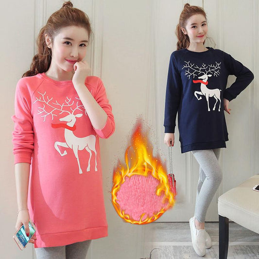 Maternity Winter Clothes Set Autumn and Winter Pregnant Women Plus Velvet Thick Mid-length Sweater Warm Coat Two-piece Suit