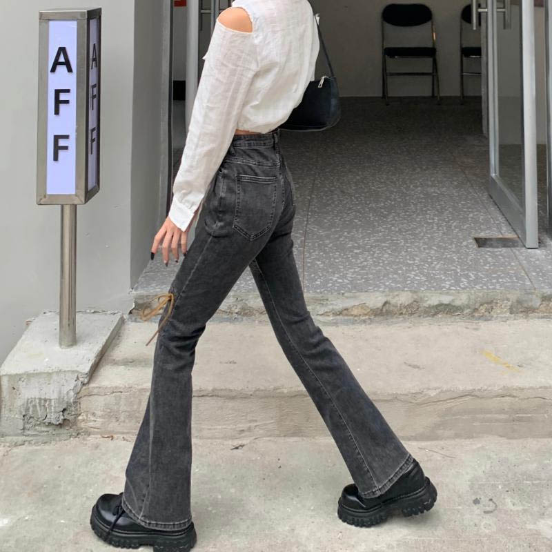 Tie High Waist Micro-horn Jeans Female Autumn and Winter New CHIC Slim Slimming Towards Straight Pants Pants