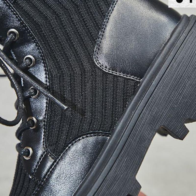 Martin Boots Women's Winter Knit Stitching Lace-up Ankle Boots Leather Thick-soled Motorcycle Boots