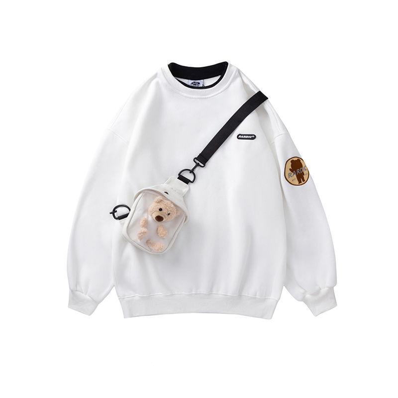 Little Bear White Sweater Female Spring and Autumn Thin Round Neck Loose Middle School Student Jacket + Bag