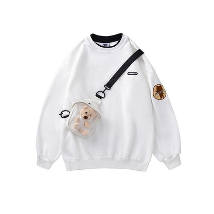 Little Bear White Sweater Female Spring and Autumn Thin Round Neck Loose Middle School Student Jacket + Bag