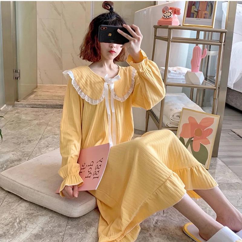 Women's Cute Japanese Sweet Bow Nightdress Doll Collar Princess Nightdress Long-sleeves Vertical Striped Pajamas Dress Loose Comfortable Homewear