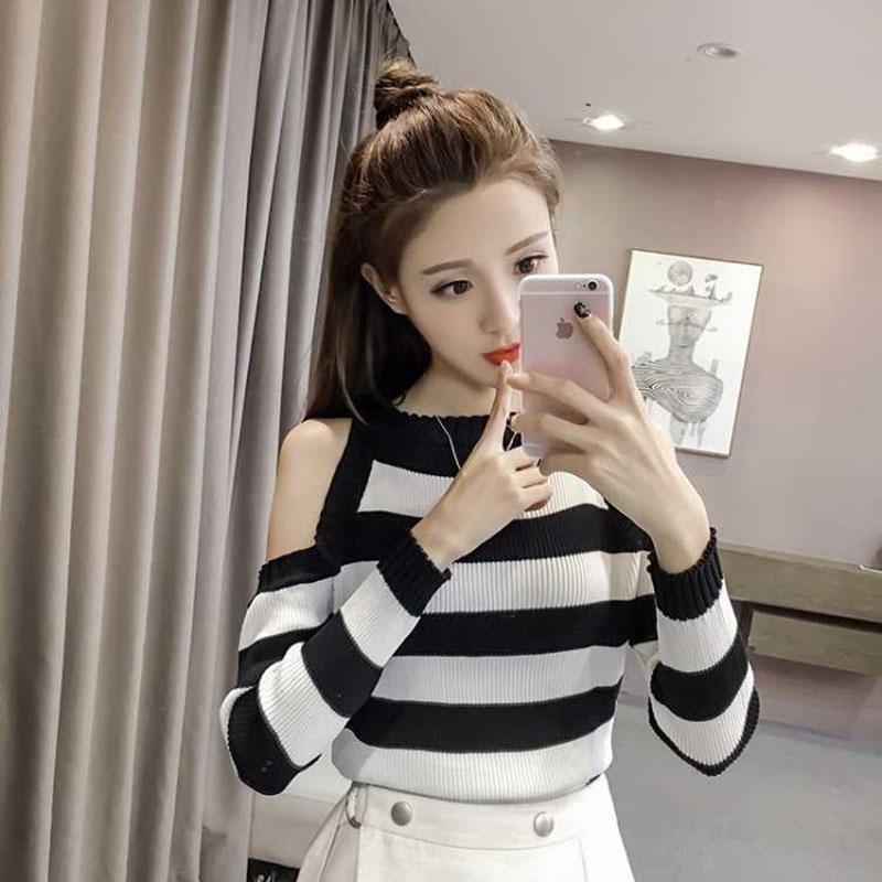 Pofulove Women's Striped Knitted Sweater Long Sleeve Turtleneck Pullover Sexy Off Shoulder Sweater