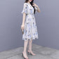 Chiffon Dress Summer Temperament Was Thin, Printed Fairy A-line Mid-length Waist Floral Skirt Round Neck Short-sleeved Ladies Chiffon Dress