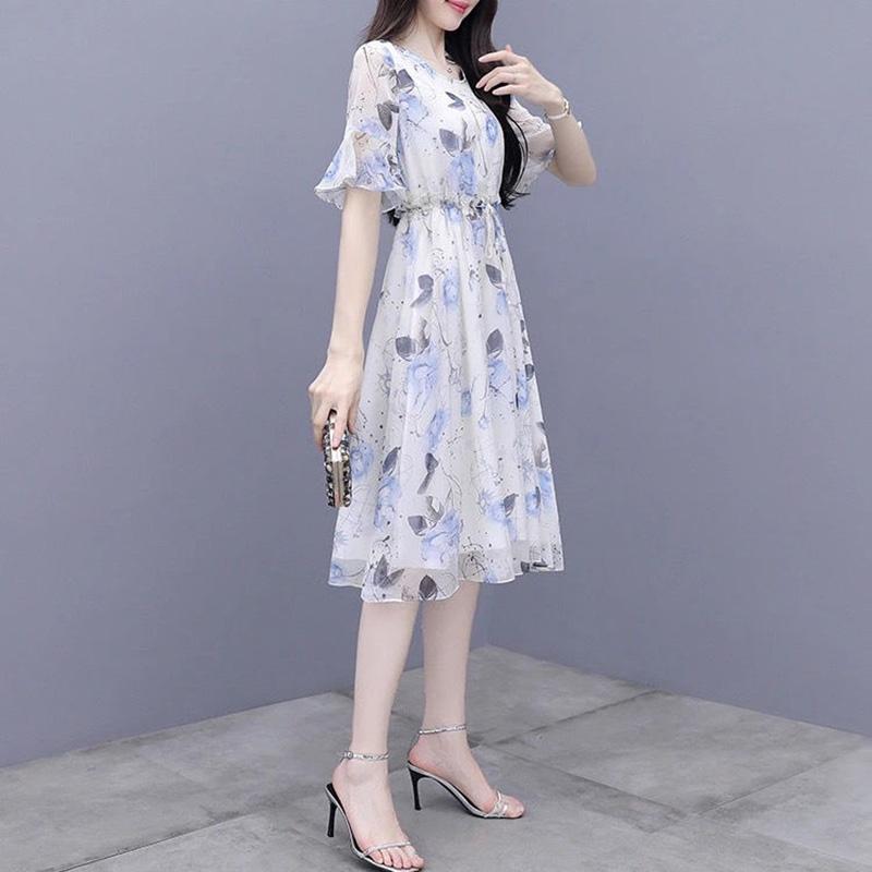 Chiffon Dress Summer Temperament Was Thin, Printed Fairy A-line Mid-length Waist Floral Skirt Round Neck Short-sleeved Ladies Chiffon Dress