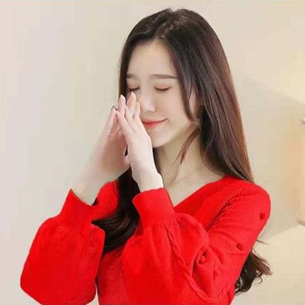 V-neck Loose Lantern Sleeves Slimming Lace-up Short Long-sleeved Sweater Women Knit Sweater