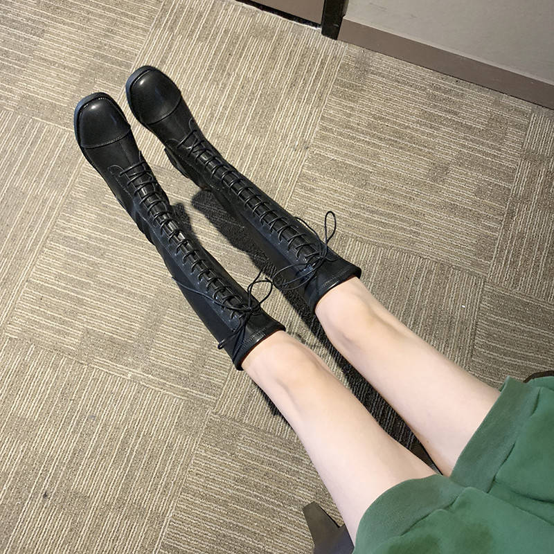 Lace Up Zipper High Boots Wear-resistant Non-slip Women Winter Boot Female British Leather Boots Knight Knee-length Cowboy Boots