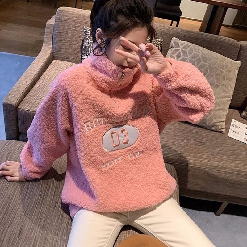 Hoodless High-neck Lamb Wool Sweater Women Winter Thick Loose Letter Coat Embroidered Warm Top