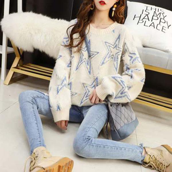 Autumn and Winter Casual Pullover Sweater Loose Casual Knitted Top Star Pattern Female Jacket