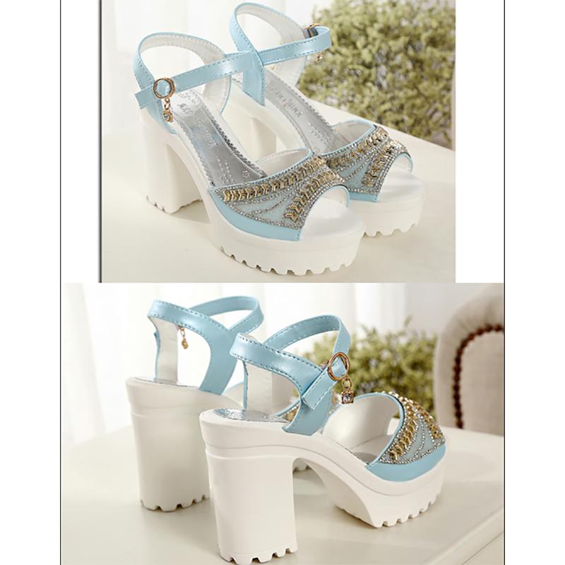 Good Quality Summer Rhinestone Fish Mouth Shoes Platform High Heel Women's Shoes Buckle Chunky Heel Sandals