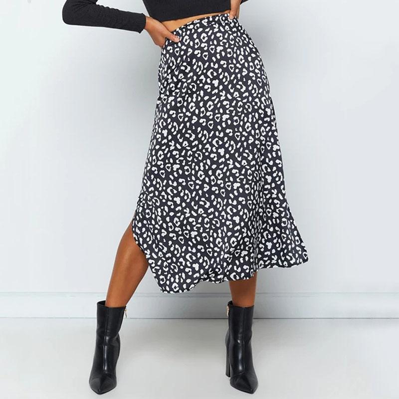 Women's Spring Summer Leopard Print Chiffon Print Split Skirt European and American Style Zipper High Waist Long Skirts Large Size Loose Thin Skirt