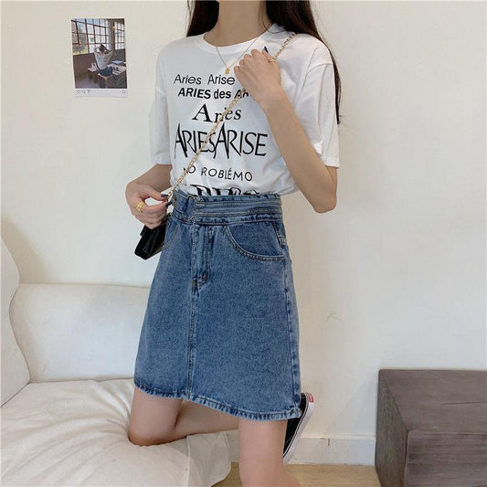 Summer  Version  The High Waist  Thin Bag Hip A-line Skirt Female Student Design Sense Denim Skirt