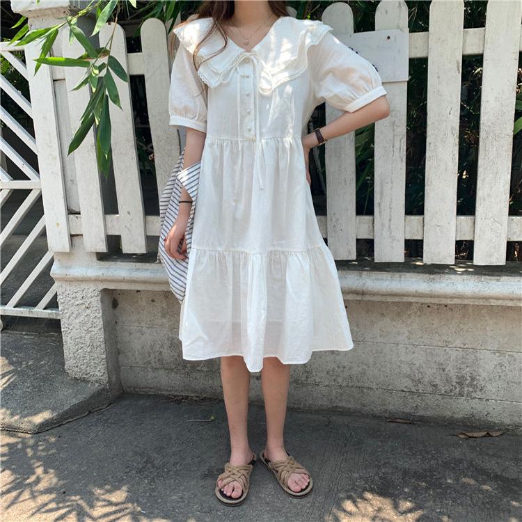 White Cute Sweet Well-behaved Girl Solid Color Bow Ruffle Mid-length A-shaped Skirt Looser  Short Sleeve Dress