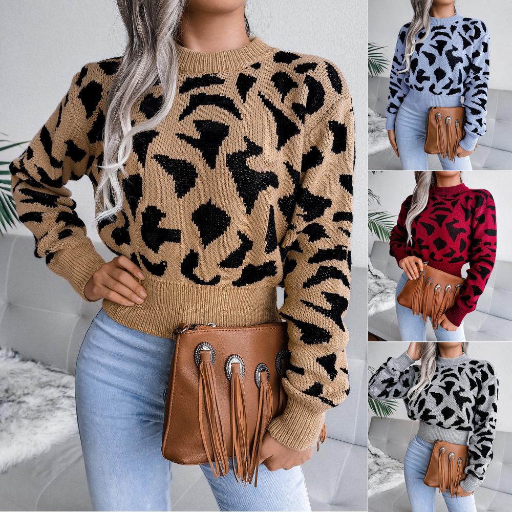 Sweater Women's Leopard Print Short Pullover Knitwear Cropped Top Trending Sweater Autumn and Winter European and American Style