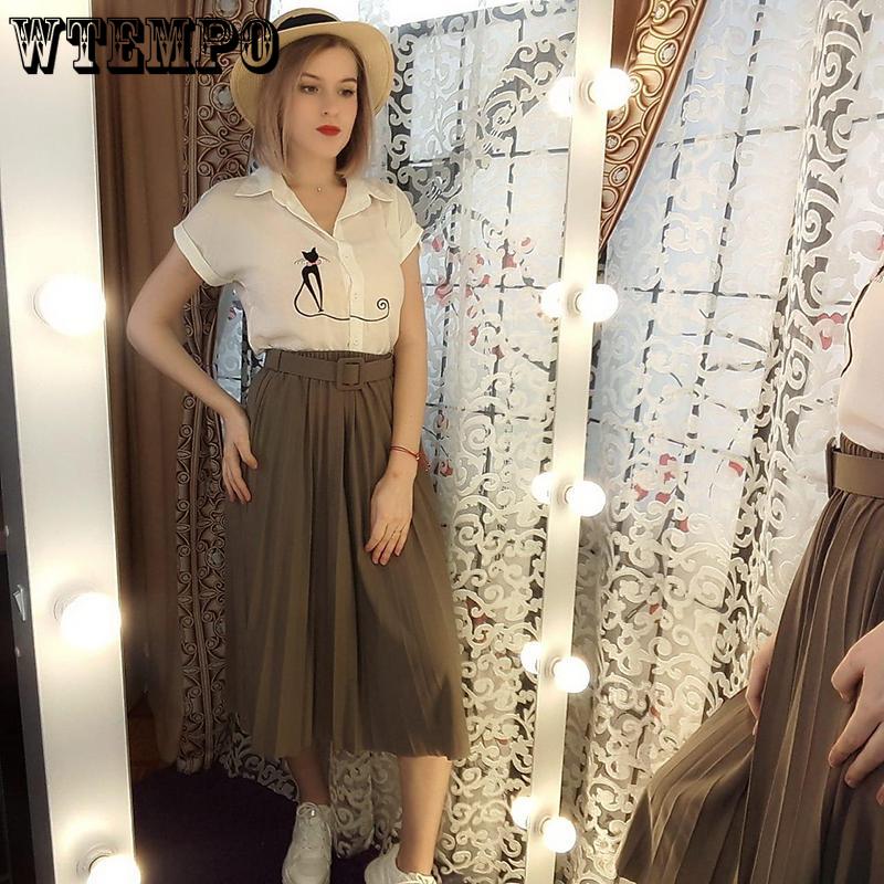 Skirt+Belt Female Pleated Skirt Euro-American Women's Fashion Pure Colored  Loose Half-length Skirt