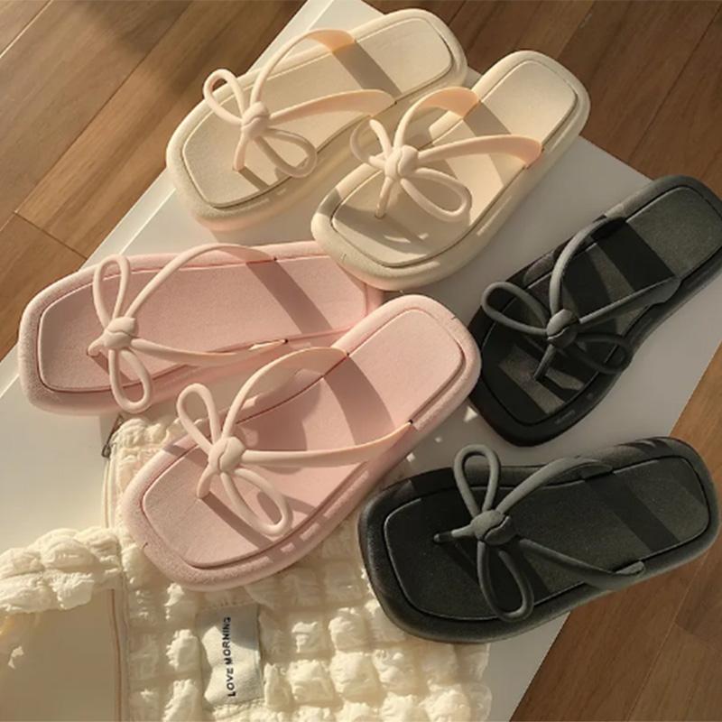 Fairy Wind Bow Flip-flops Female Summer Solid Color Outer Wear Soft Bottom Seaside Clip-on Beach Sandals and Slippers