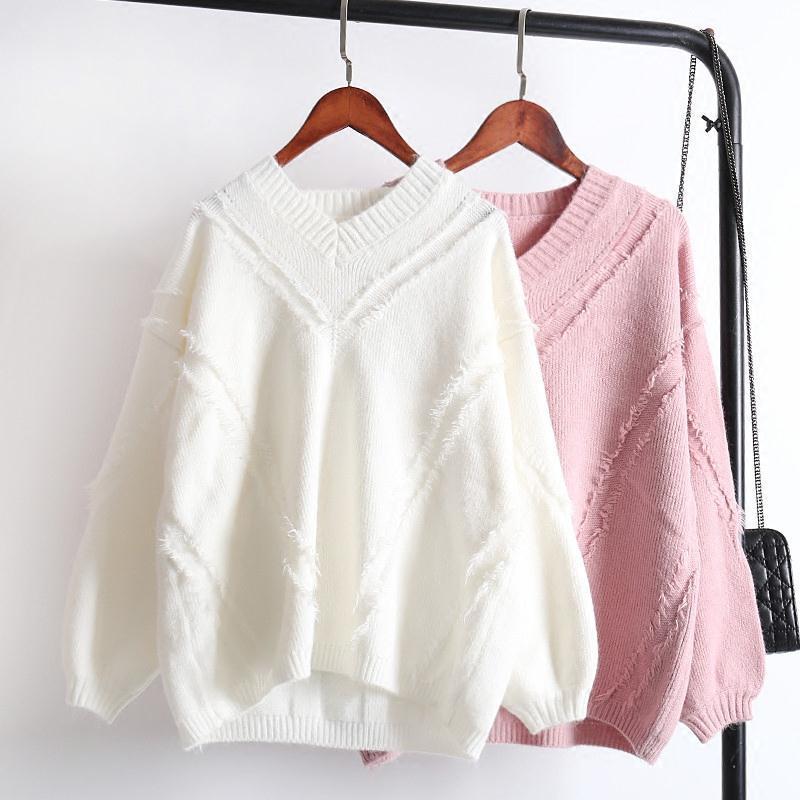 Spring and Autumn Loose Fashion Blouse Student V-neck Knitted Pullover Sweater Women