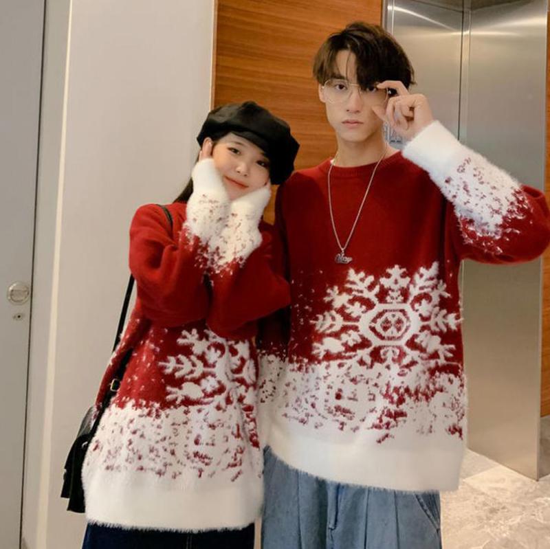 WTEMPO Lovers Snowflake Print Sweater Soft Casual Knitted Sweater Winter Thicken Warm Pullover Christmas Sweater
