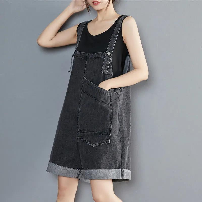 Wide-leg Denim Overalls on Both Sides Summer Female Students Loose Age-reducing Big Pocket Sling Jumpsuit Shorts Tide