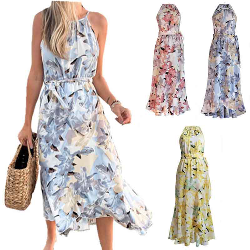 Summer Fashion Print Dress Sling Dress Casual Lace Up Waist