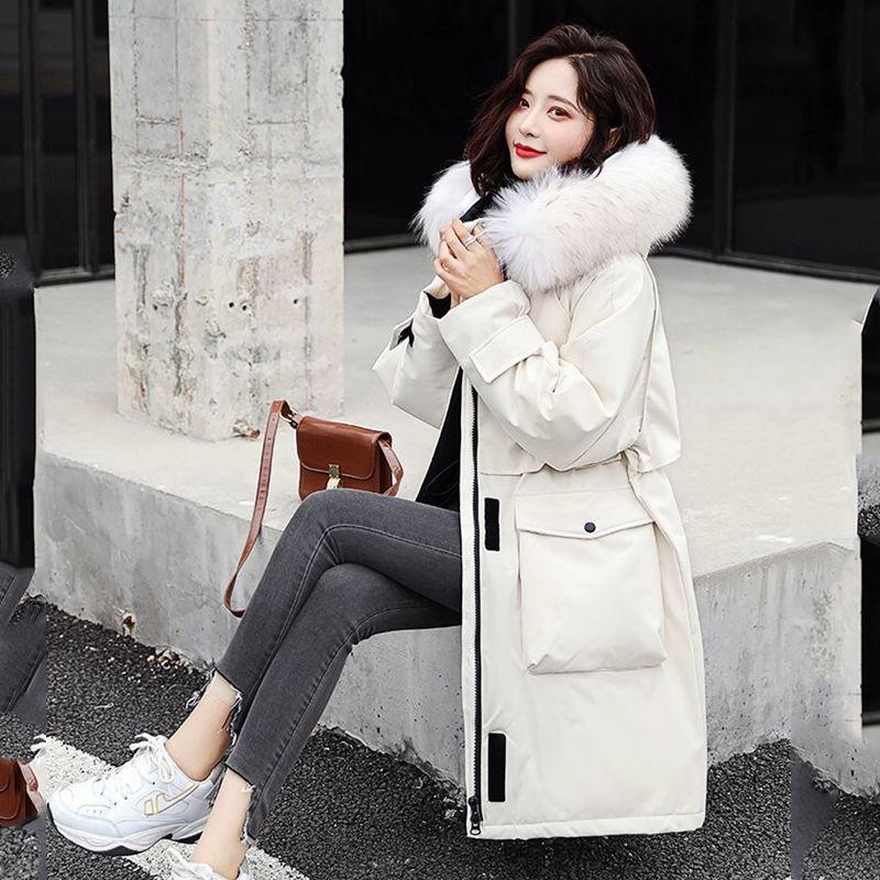 Faux Fur Collar Mid-length Down Jacket Women's Length Over The Knee, Large Size, Thicker, Loose Waist and Slim