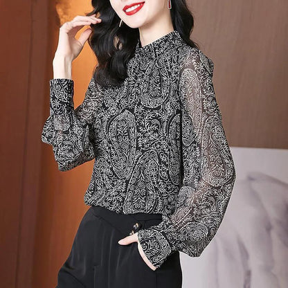 Chiffon Shirt Women's Spring and Autumn Long Sleeve Puff Sleeve Floral Top
