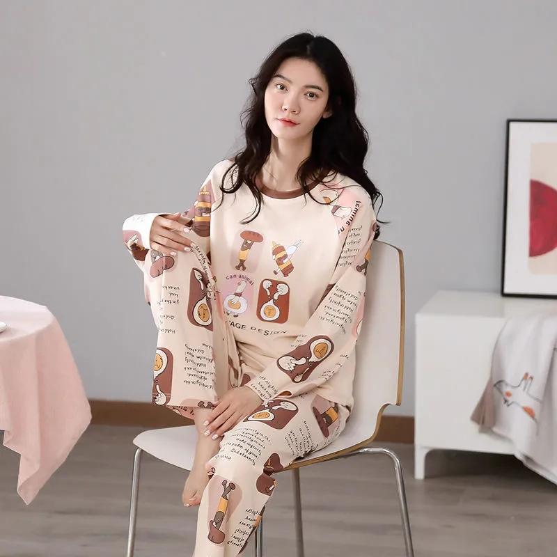 Women Cotton Pajamas Set Cartoon Cute Female Pyjamas Suit Long Sleeve Sleepwear Tops and Pants Sets Home Wear Casual Loose Pullover Nightwear