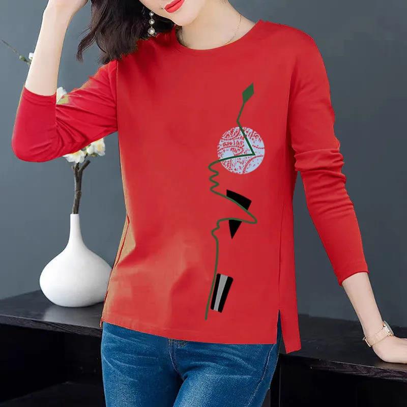Spring Women T-shirts Simple Face Print Pullovers Long Sleeves Bottoming Shirts Casual Slit Top