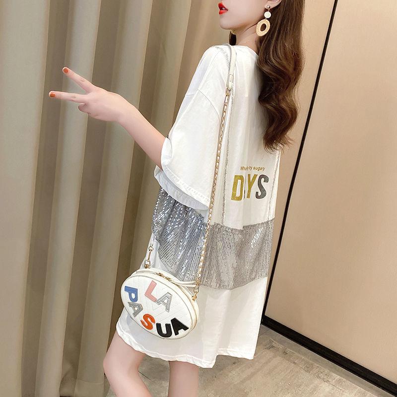 Shiny Sequins Women summer Dress Girl Loose O-Neck short Sleeve Casual Long T-shirt Dress Loose