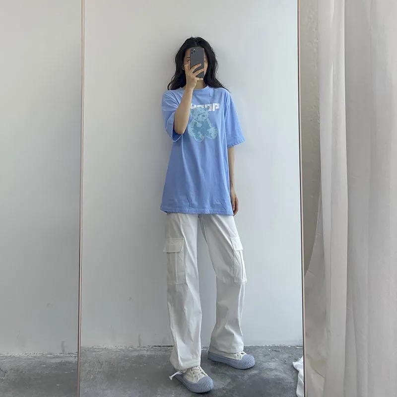 White Retro BF Harajuku Style Overalls Women's High-waisted Thin Waist Pants Casual Long Pants Tide