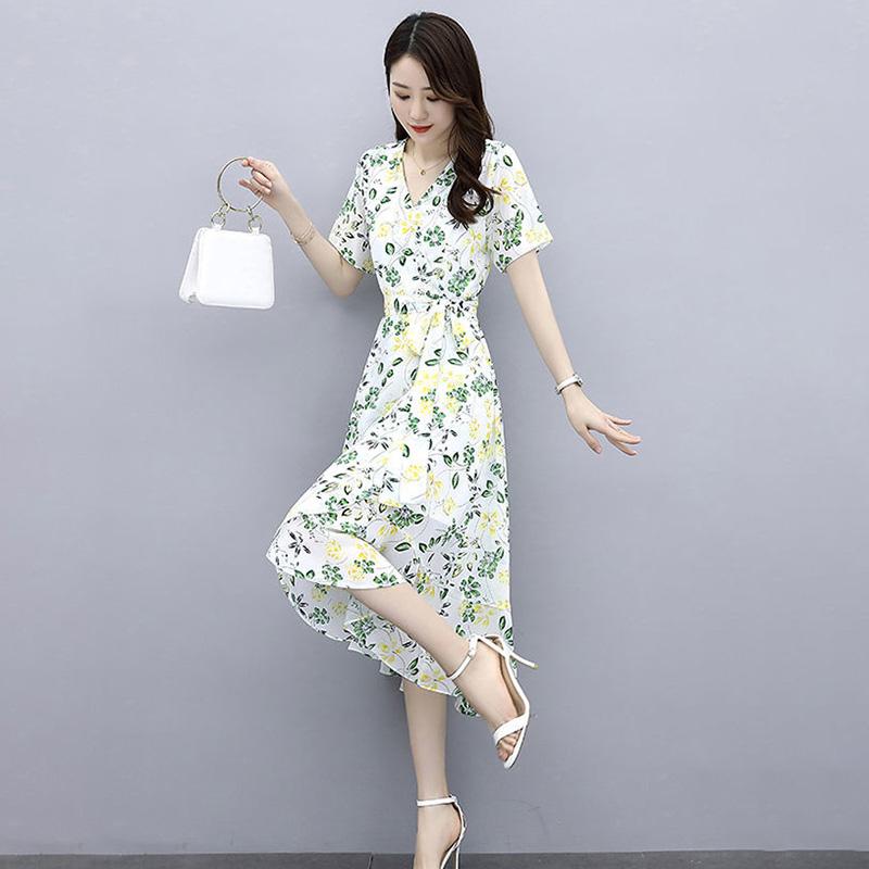 Chiffon Dress Feminine Temperament Elegant Waist Thin French Floral Long Skirt Can Be Belted Slimming Thin Ladies Chiffon Dress