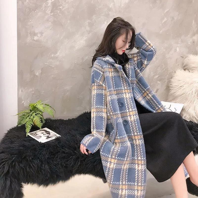 Mid-length Imitation Mink Velvet Coat Korean Loose Thick Woolen Plaid Cardigan Women's Coat