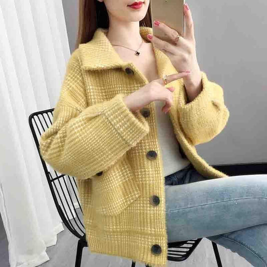 Spring and Autumn Style Mink Fleece Knit Cardigan Loose Short Top Women's Coat