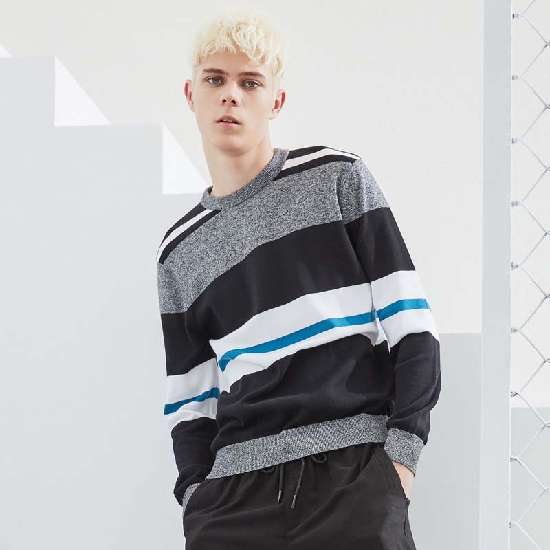 Spring and Autumn Men's Round Neck Fashion Color Block Splicing Pullover